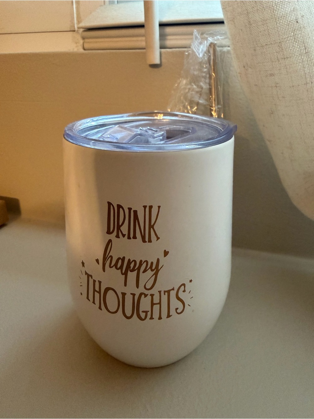 White "Drink Happy Thoughts" Insulated Wine Tumbler